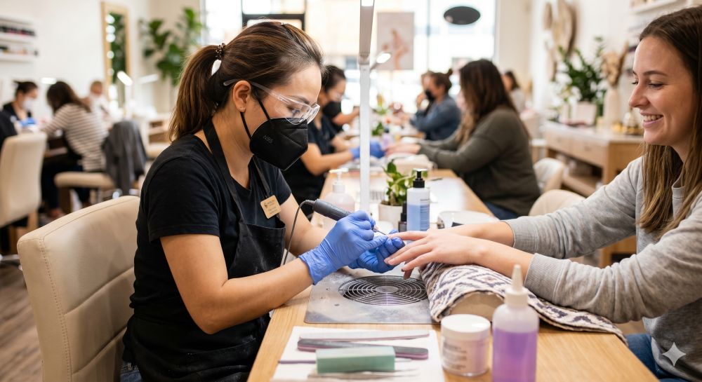 Bảo vệ sức khỏe thợ nail bằng khẩu trang N95 và hệ thống hút bụi bàn móng