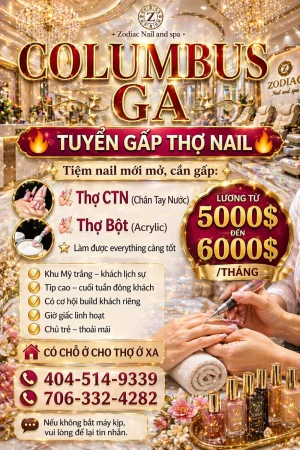 TUYỂN GẤP THỢ NAIL, COLUMBUS, GA