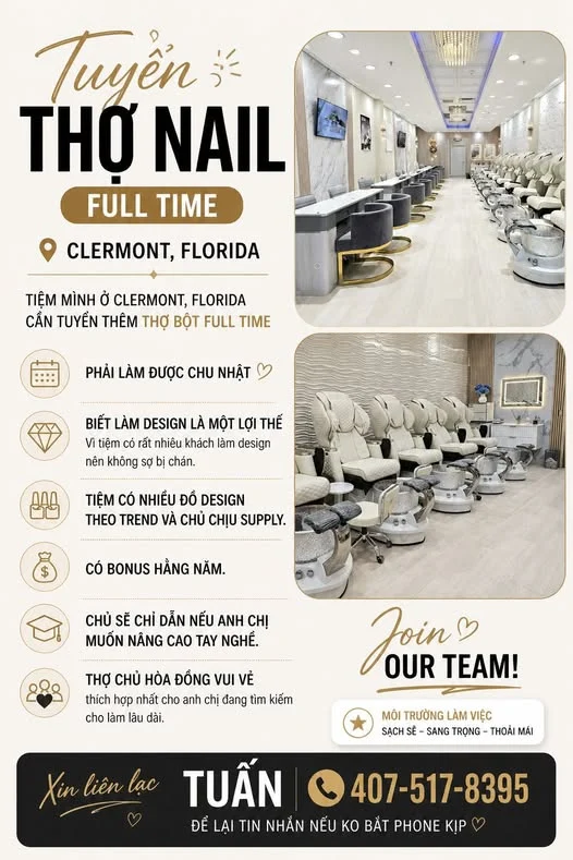 Tuyển thợ bột full-time tại Orlando có bonus hằng năm - Việc làm Nail tại Orlando, Florida, United States - ảnh 1