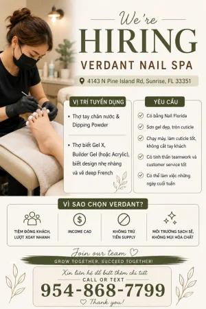 Tuyển thợ nail ở Sunrire Florida zip code 33351 - Việc làm Nail tại Sunrise, FL, US